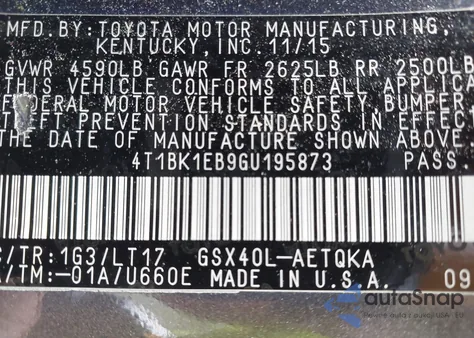 2016 Toyota Avalon Touring из США, поврежденный, VIN 4T1BK1EB9GU195873